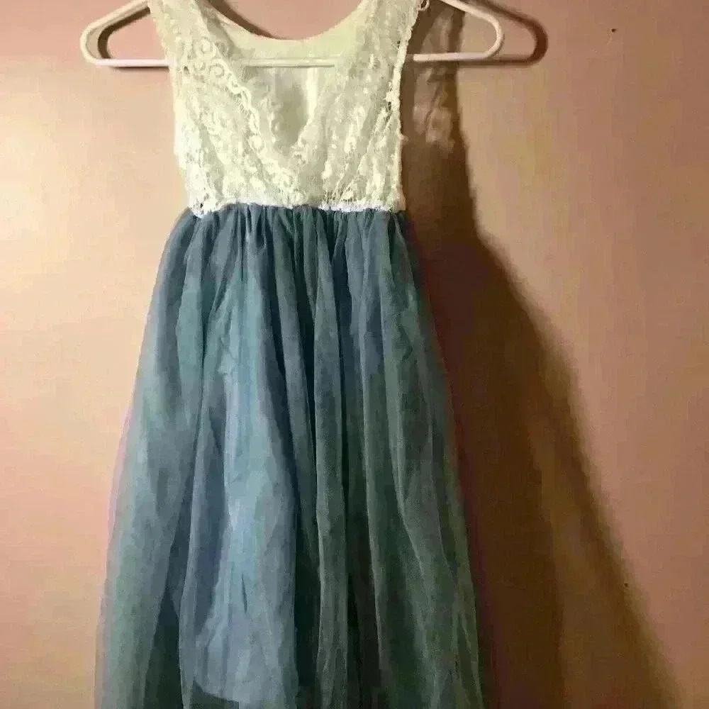 Girls Blue & White Sleeveless Dress